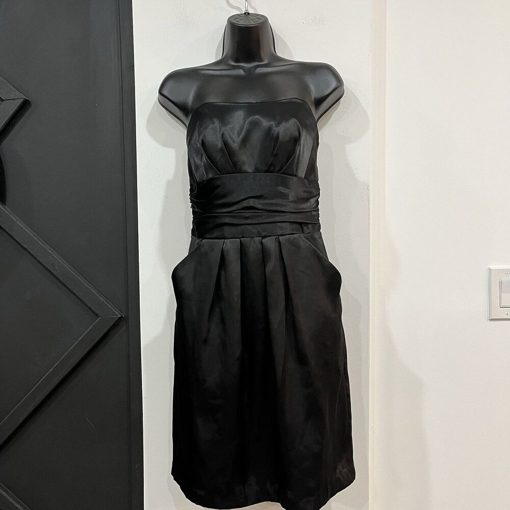David’s Bridal Formal Bridesmaid Strapless Black Satin Dress Size 4 Pockets